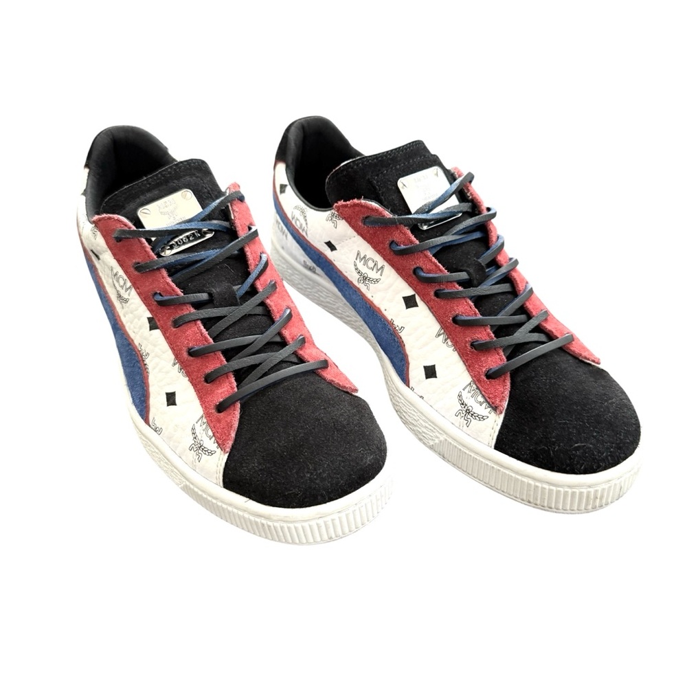 MCM Black Red Blue Logo-Print Leather Sneakers